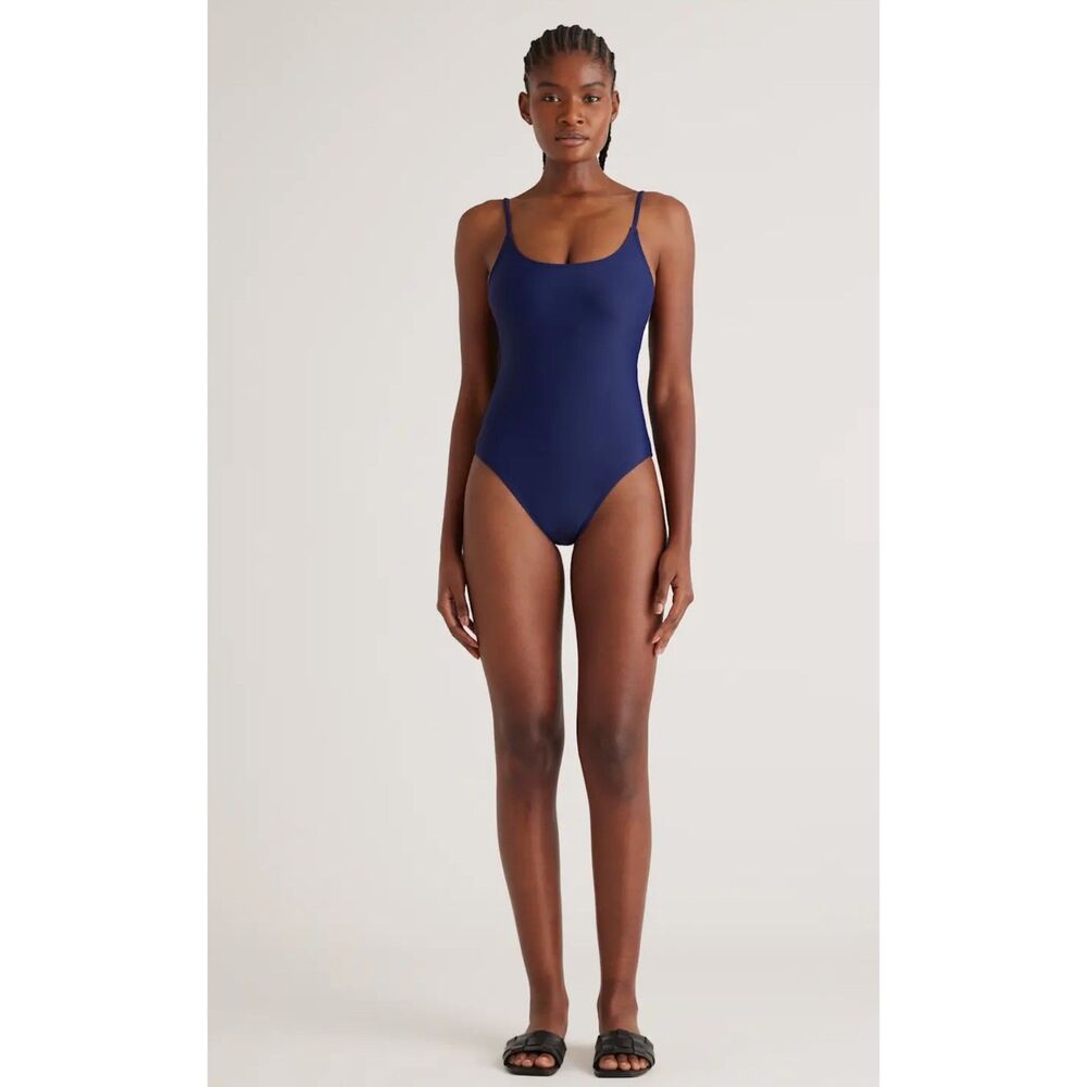 Quince Italian Cami One Piece Swimsuit Women's Medium SPF Adjustable Straps Navy